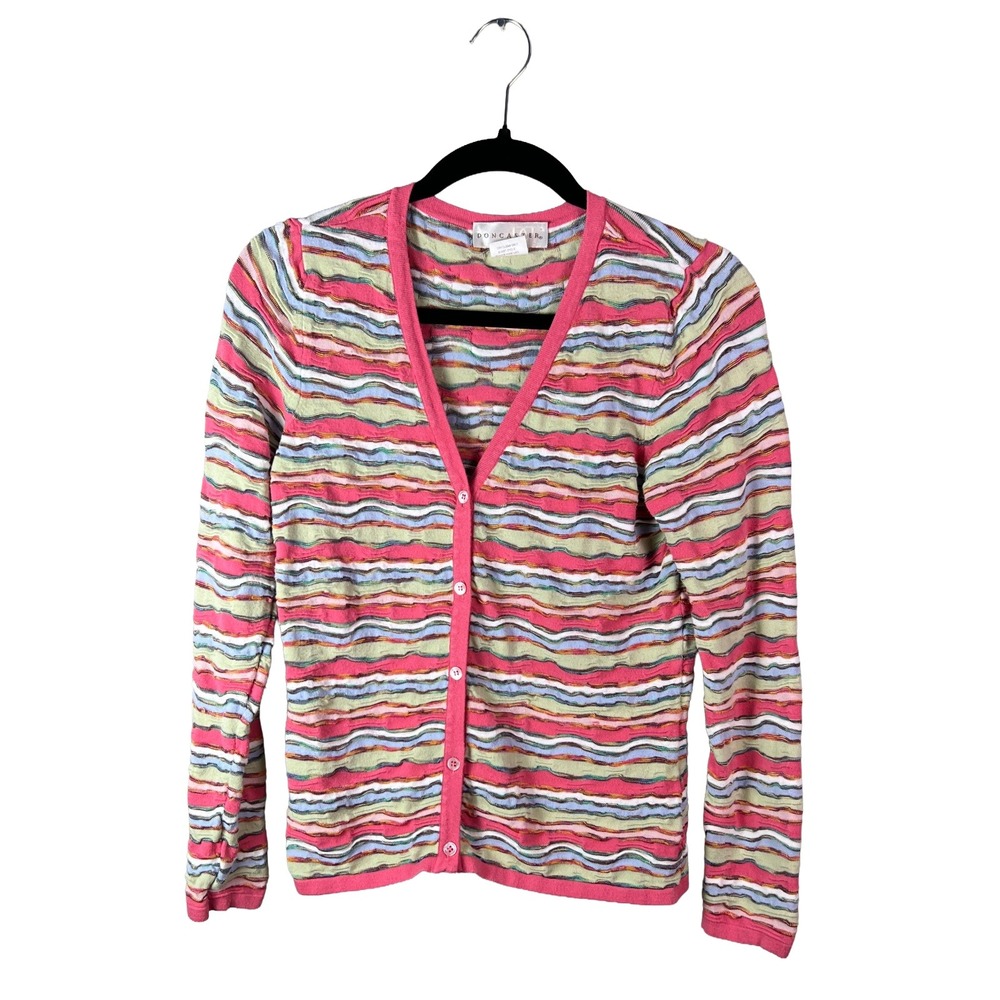 Doncaster Vintage Made in Italy Wavy Stripe Textured Knit Cardigan Pink Medium